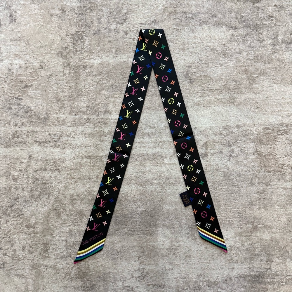 Louis Vuitton Black Silk Twilly with Multicolor Monogram Accents